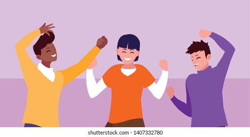 group of young men celebrating with hands up