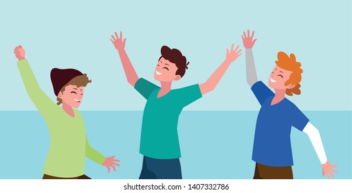 group of young men celebrating with hands up