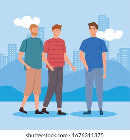 grupo de jóvenes en el diseño de ilustración vectorial de paisajes urbanos