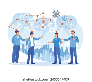 A group of young men communicate on the Internet. Communication mapping. Team communication. flat vector modern illustration