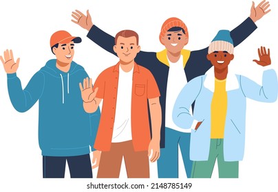 Group of young men friends with greeting gesture. Happy smiling cheerful people. Different male characters standing together and waving hello. 