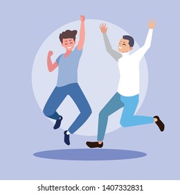 group of young men happy jumping celebrating