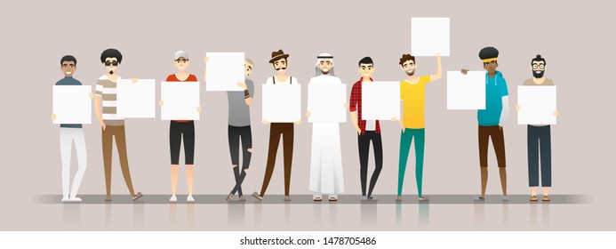 Group of young men holding empty boards , vector , illustration