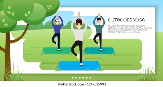 Group of young men practicing yoga in the park. Banner, site, poster template with place for text