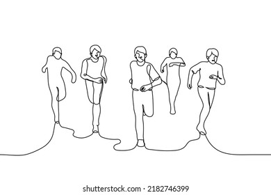 group of young men running - one line drawing vector. concept black friday, hype in male audience, male crowd running