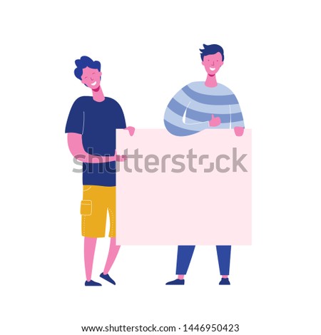 Group of young men standing together and holding blank banner. People taking part in parade or protest. Male activists. Flat cartoon colorful vector illustration