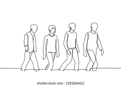 group of young men (students) walk in the same direction separately - one line drawing vector. concept quartet of friends go together