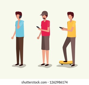 group of young men using smartphone