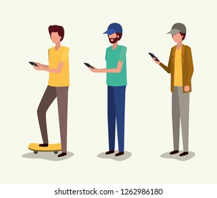 group of young men using smartphone