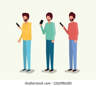 group of young men using smartphone