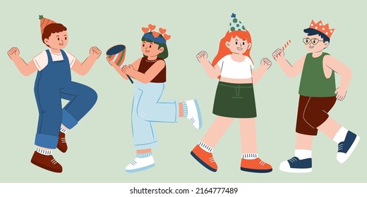 Group of young men and women are dancing and jumping happily in cartoon. character, vector illustration