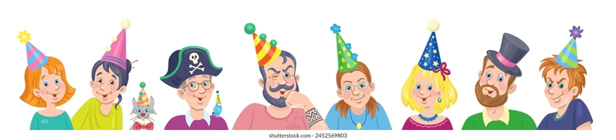 Group of young men and women in festive hats. Happy birthday! Banner in cartoon style. Isolated on white background. Vector flat illustration.