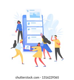 Group of young men and women and giant smartphone with posts on screen. Concept of internet content creation and sharing on social media, blogging and microblogging. Modern flat vector illustration.