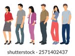 Group of young men and women , profile, different colors, cartoon character, silhouettes of standing business people, students, design concept of flat icon, isolated on white background