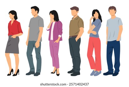 Group of young men and women , profile, different colors, cartoon character, silhouettes of standing business people, students, design concept of flat icon, isolated on white background