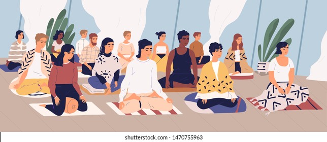 Group of young men and women sitting on floor, meditating and performing breath control exercise. Yoga retreat, spiritual practice, Vipassana buddhist meditation. Flat cartoon vector illustration.