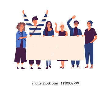 Group of young men and women standing together and holding blank banner. People taking part in parade or rally. Male and female protesters or activists. Flat cartoon colorful vector illustration