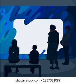 Group of young men and women standing together and look at blank banner. People taking part in parade or rally. Flat cartoon colorful vector illustration