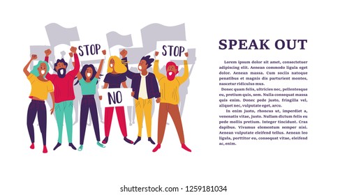 Group of young men and women standing together and holding blank banner. People taking part in parade or rally. Male and female protesters or activists. Flat cartoon colorful vector illustration.