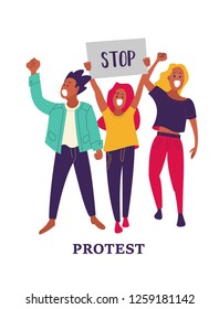Group of young men and women standing together and holding blank banner. People taking part in parade or rally. Male and female protesters or activists. Flat cartoon colorful vector illustration.