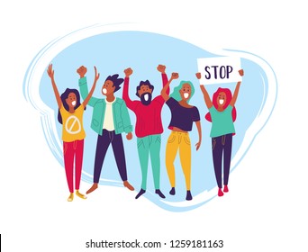 Group of young men and women standing together and holding blank banner. People taking part in parade or rally. Male and female protesters or activists. Flat cartoon colorful vector illustration.