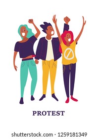 Group of young men and women standing together and holding blank banner. People taking part in parade or rally. Male and female protesters or activists. Flat cartoon colorful vector illustration.