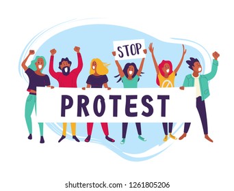Group of young men and women standing together and holding blank banner. People taking part in parade or rally. Male and female protesters or activists. Flat cartoon colorful vector illustration.