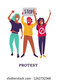 Group of young men and women standing together and holding blank banner. People taking part in parade or rally. Male and female protesters or activists. Flat cartoon colorful vector illustration.