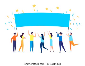 Group of young men and women standing together and holding blank banner. People taking part in parade or rally. Male and female protesters or activists. Flat cartoon colorful vector illustration