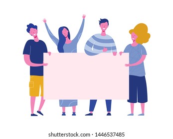 Group of young men and women standing together and holding blank banner. People taking part in parade or protest. Male and female activists. Flat cartoon colorful vector illustration