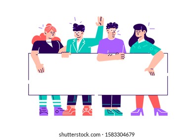 Group of young men and women standing together and holding blank banner. People taking part in parade or rally. Male and female protesters or activists. Flat style cartoon colorful vector illustration