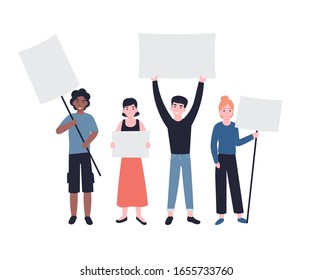 Group of young men and women standing together and holding empty banners. People characters demonstrating blank banners. Male and female protesters or activists. Flat vector modern illustration.