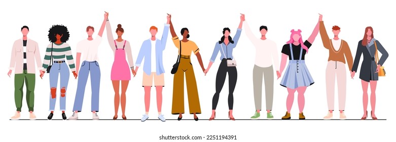 Group of young men and women standing together and  holding hands. Teamwork, unity, friendship, and support concept. Diverse multiracial and multicultural group of people isolated on white background.