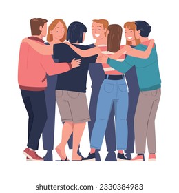 Group of young men and women standing together and hugging. Friendship, collaboration and team spirit vector illustration