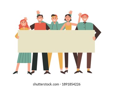 Group of young men and women waving hands and holding blank banner. Happy people standing together. Male and female protesters or activists. Cute hand drawn vector  flat cartoon style illustration. 