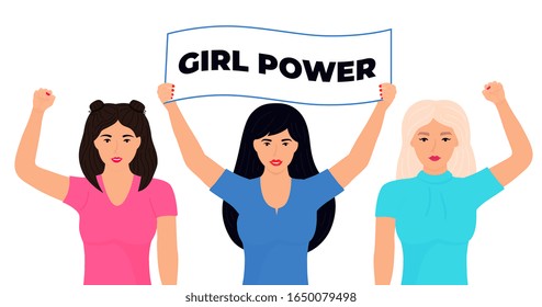 Group of young modern girls with banners and fists raised up. International Women's Day. Power, feminism concept. Protest against violence, discrimination. Fight for rights.