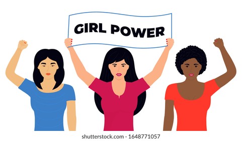 Group of young modern girls of different nationalities with banners and fists raised up. International Women's Day. Power, feminism concept. Protest against violence, discrimination. Fight for rights.