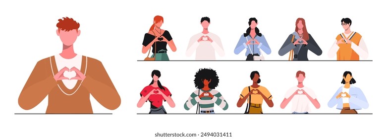 A group of young and modern individuals are forming a heart shape with their hands. This banner represents teamwork, partnership, support, trust, friendship, and love relationships. Flat vector 