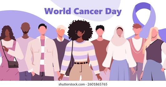 A group of young modern people celebrate the World Cancer Day. Attracting attention, prevention, detection and treatment of this disease. Vector illustration. Not AI generated