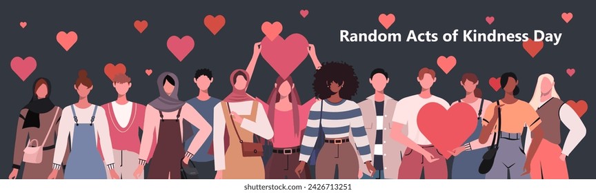 A group of young modern people with red and pink hearts celebrate the Random Acts of Kindness Day. World altruistic holiday event banner. Celebrated on February 17th. Flat vector illustration 