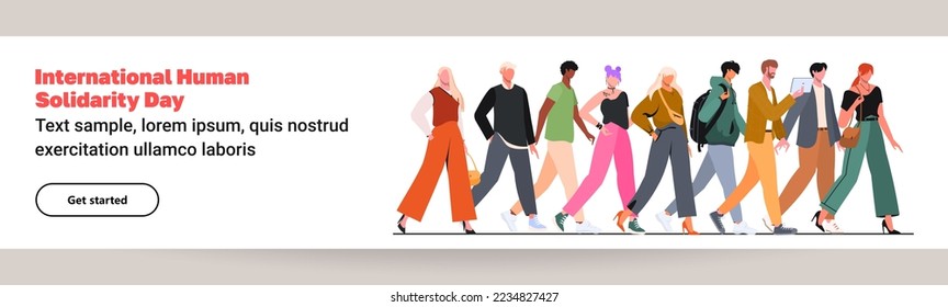 A group of young modern people walk together in support for  human solidarity, togetherness and global equality. International Human Solidarity Day. Cooperation and teamwork.