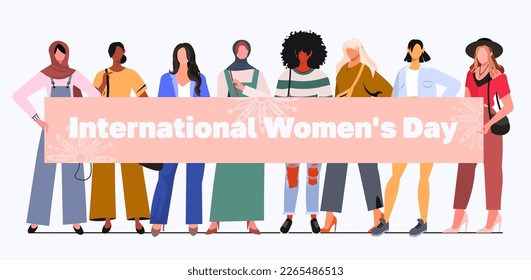 A group of young modern women holding a banner with the inscription International Women's Day. Diverse women standing together for feminism, freedom, independence, empowerment, women rights, equality.