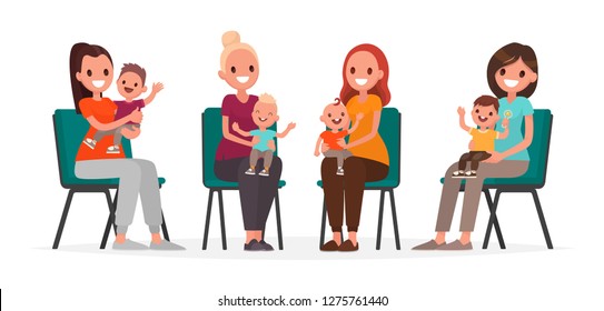 Group of young mothers with children are sitting on chairs. Courses postpartum depression. Vector illustration in flat style