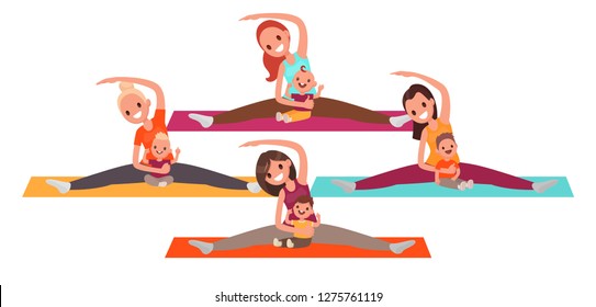 Group of young mothers doing yoga with the kids. Women do fitness with children. Vector illustration in flat style