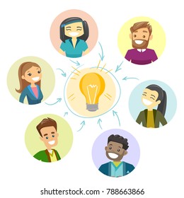 Grupo de jóvenes empresarios multiculturales conectados por una bombilla de ideas. Socios empresariales trabajando en nuevas ideas de negocio y en su puesta en marcha. Ilustración de dibujos animados de vectores aislados en fondo blanco.