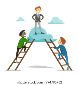 Group of young multiethnic businessmen using ladders to climb on the cloud on which one cheerful successful businessmen already stands. Vector cartoon illustration isolated on white background.