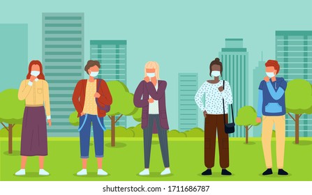 Group of young multinational people in medical masks at background of city park. Concept of viral epidemic. Set of characters in protection masks at the distance. Vector illustration in flat style