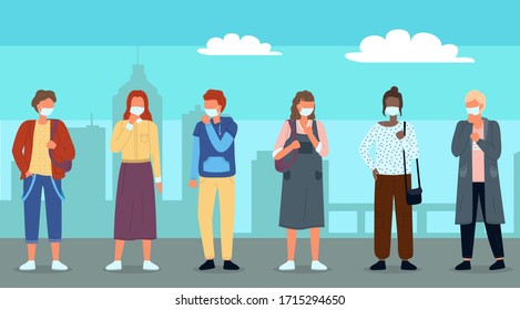 Group of young multinational people in medical masks at background of city park. Concept of viral epidemic. Set of characters in protection masks at distance. Vector illustration in flat style