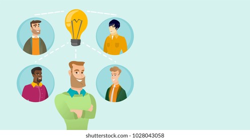 Group of young multiracial businessmen connected by one idea light bulb. African-american, caucasian white and asian business people working on a idea. Vector cartoon illustration. Horizontal layout.