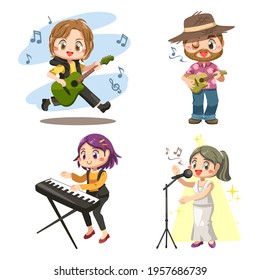 Group of Young musician man plays bass guitar, ukulele and cute girl plays electric keyboard with female singer in cartoon character, isolated vector illustration